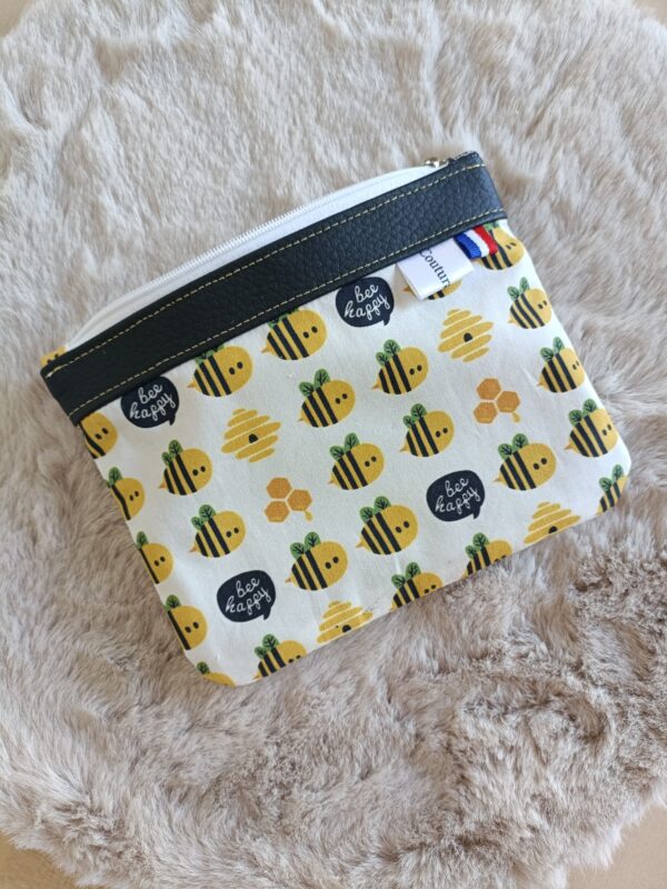 Trousse rectangle arrondie, en coton biologique motif abeilles « bee happy » avant