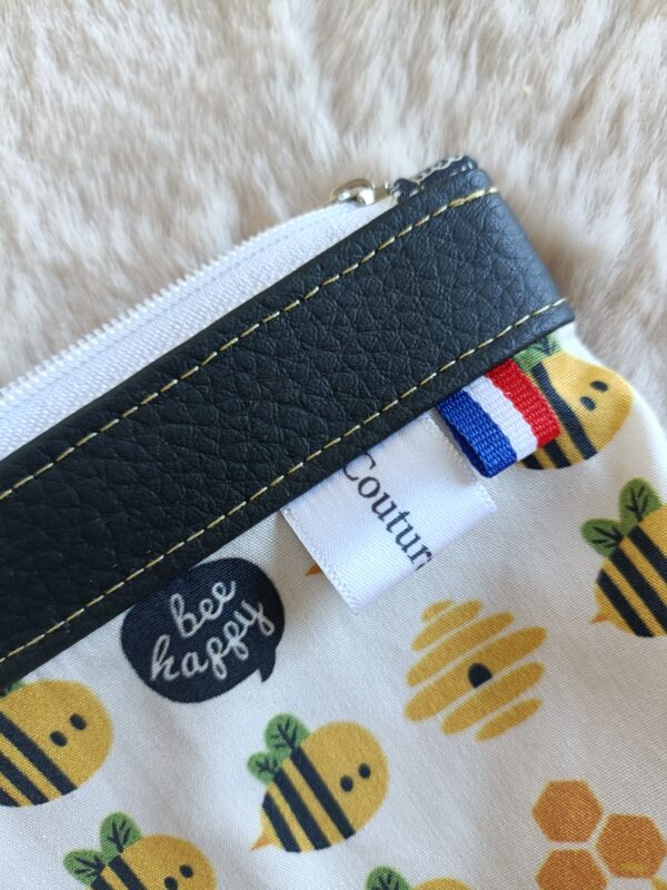 Trousse rectangle arrondie, en coton biologique motif abeilles « bee happy » zip